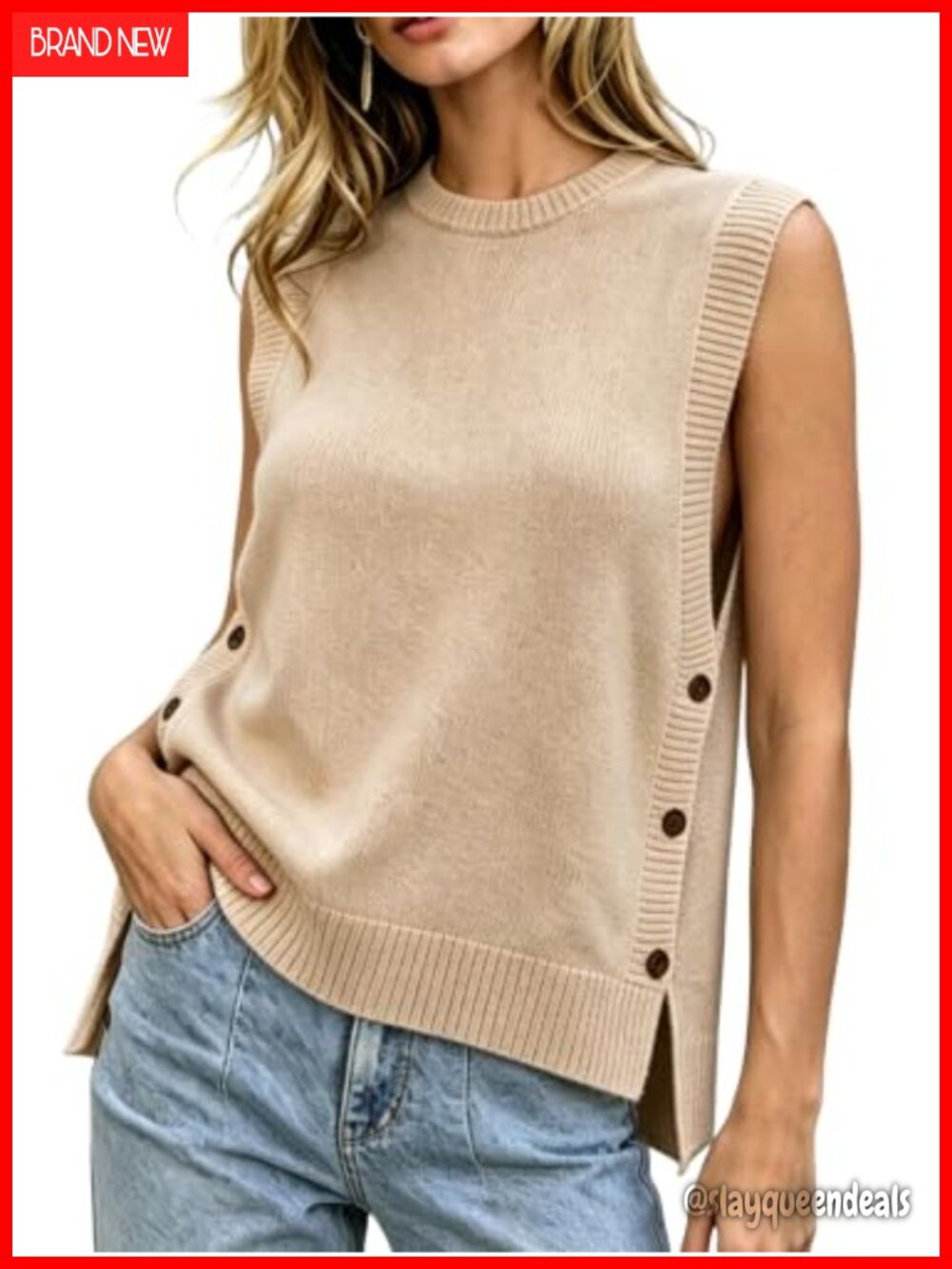 Loose Knit Sweater Vest Side Buttons Sleeveless Crew Neck